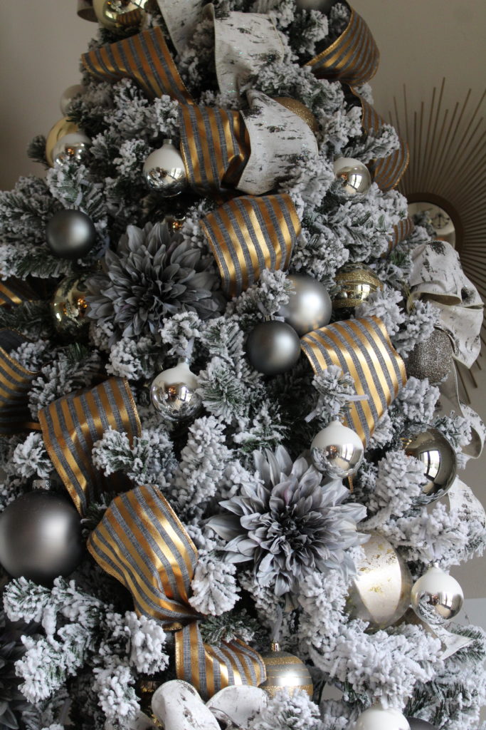 gold stripe and birch ribbon Christmas tree decor