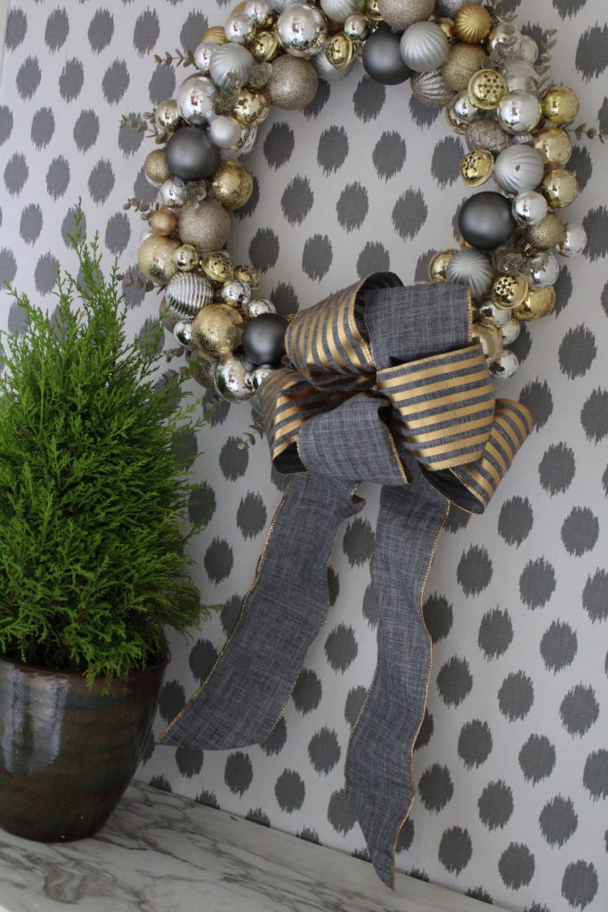 ornament wreath in golds and matte greys